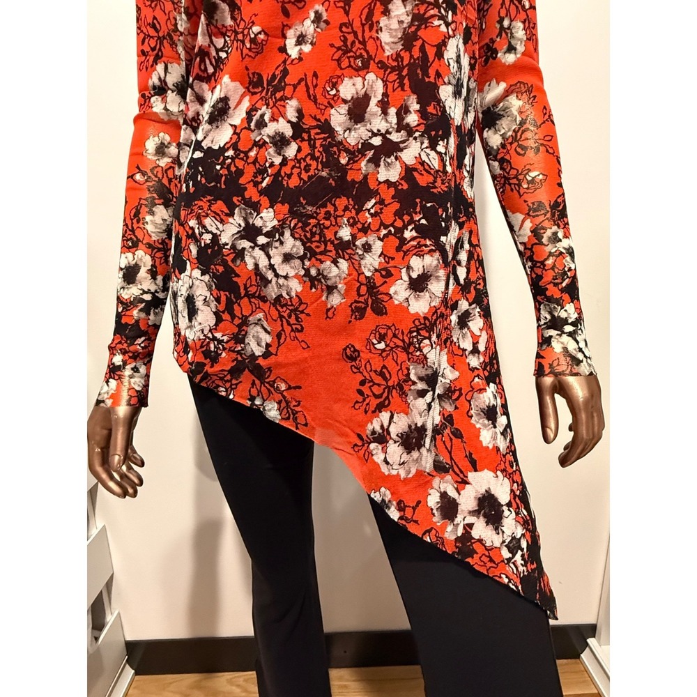 Fuzzi Womens Floral Mesh Stretch Long Sleeve Asymmetric Top Blouse Italy Made/S - Picture 2 of 8